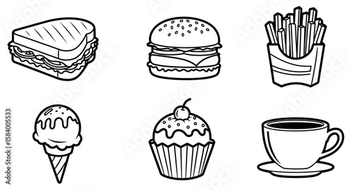 Illustration depicting a sandwich, burger, fries, ice cream, cupcake, and coffee cup drawing style