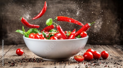 Spicy Red Chili Peppers and Tomatoes in Bowl.  Food Photography