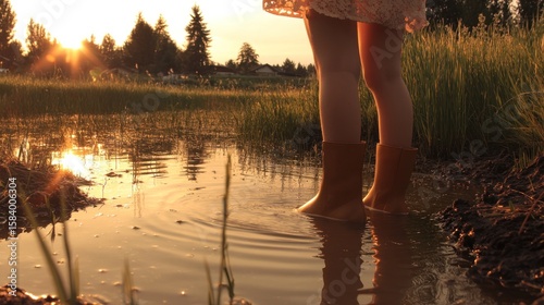 Sunset puddle girl boots nature field