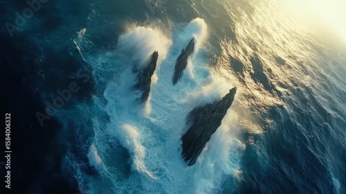 Aerial view of ocean rocks battered by waves at sunrise