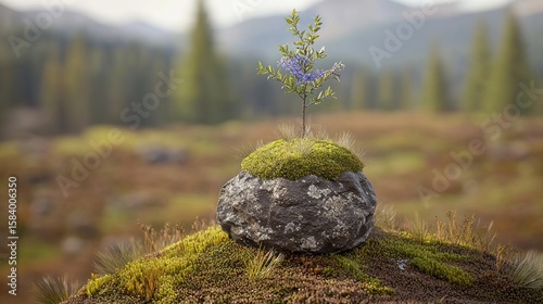 Sapling on mossy rock, mountain backdrop; nature, growth, hope