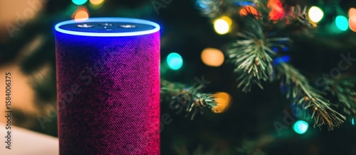 Smart speaker glows near Christmas tree lights