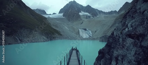 Turquoise glacial lake, mountain bridge, hikers. Peaceful alpine scenery. Travel poster