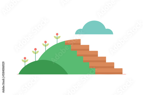 Vector Scene Of Hill With Flat Stairs And Flowers