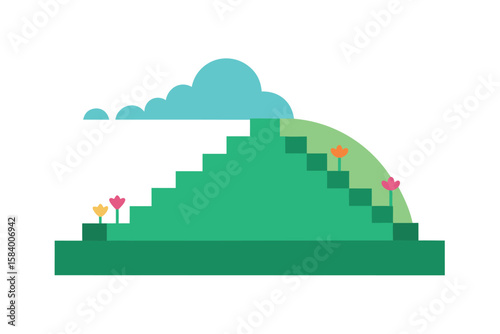 Vector Scene Of Hill With Flat Stairs And Flowers