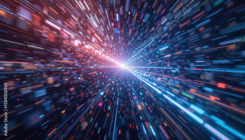 Abstract digital tunnel with vibrant, streaking light effects.