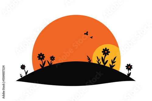 Sunset Behind A Silhouette Hill Of Flowers