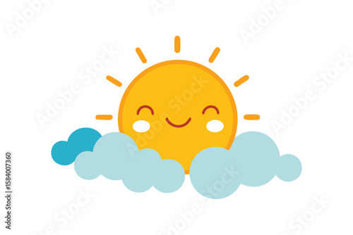 Sun Behind Stylized Clouds Cheerful Style
