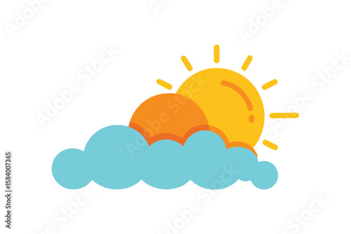 Sun Behind Stylized Clouds Cheerful Style