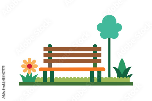 Stylized Park Bench Next To Flower Bed On White Background