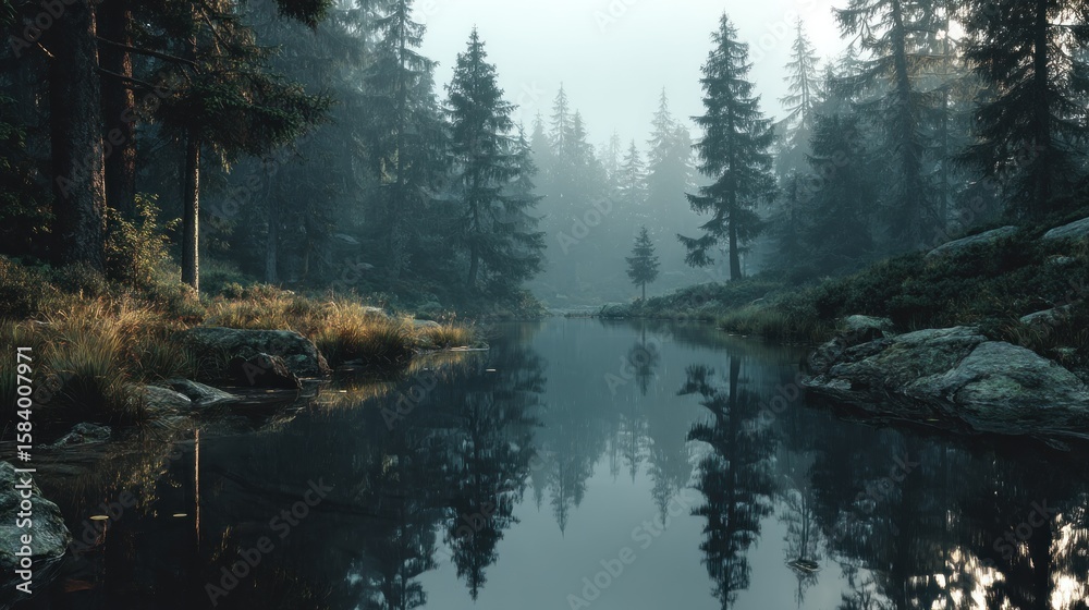 Fototapeta premium Serene Misty Forest Lake: A Tranquil Nature Scene