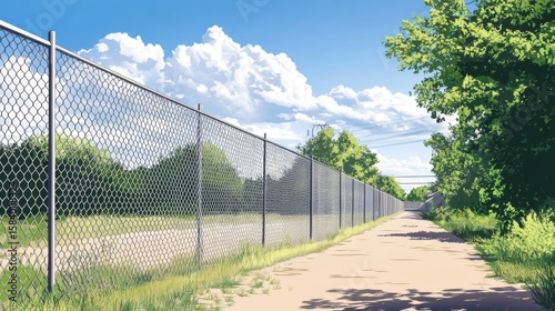 Serene Pathway with Chain Link Fence Surrounded by Lush Greenery