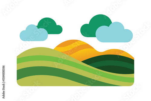 Stylized Clouds Over Layered Hills And Field