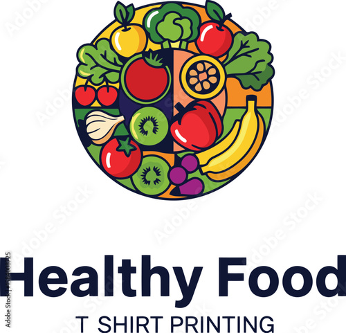 Colorful EPS vector of fresh fruits and veggies arranged in a bold circular layout, ideal for healthy living and T-shirt design. Add a vibrant touch—download this delicious art today! Thank you.

