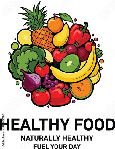 Vibrant EPS vector of assorted fruits and veggies with bold “Healthy Food” text. Perfect for nutrition, wellness, or organic projects. Brighten your design—download this fresh artwork now!
