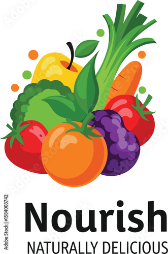 Colorful EPS vector of fresh fruits and vegetables with the message “Nourish – Naturally Delicious.” A perfect pick for healthy living designs. Add freshness to your work—download now!
