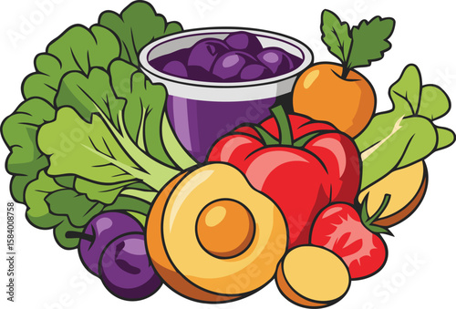 This vibrant EPS vector design features a rich assortment of fruits, veggies, and yogurt, symbolizing healthy living. Perfect for food projects—bring life to your work, download now!
