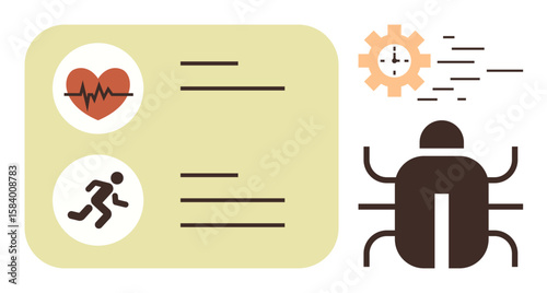Heartbeat and activity monitoring dashboard next to a bug and speed gear, symbolizing health tracking, performance assessment, data analysis, debugging processes. Ideal for health, tech