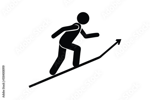 Black silhouette of person running up arrow upward
