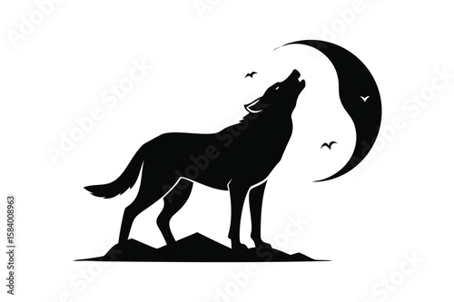 Black wolf howling at crescent moon with birds night