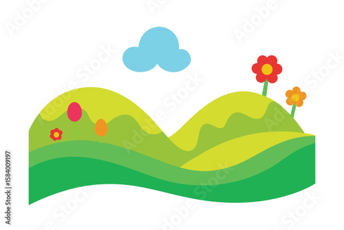 Landscape With Curvy Hills And Colorful Flowers