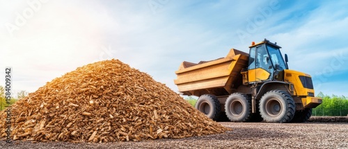 Dump Truck Carrying Wood Chips at Construction Site Under Blue Sky