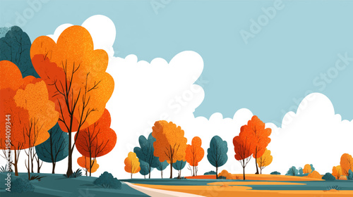 flat minimal autumn landscape illustration with orange green trees and blue sky