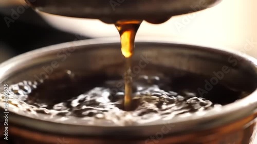 Pouring Fresh Coffee From A Coffee Machine Into A Cup Close Up