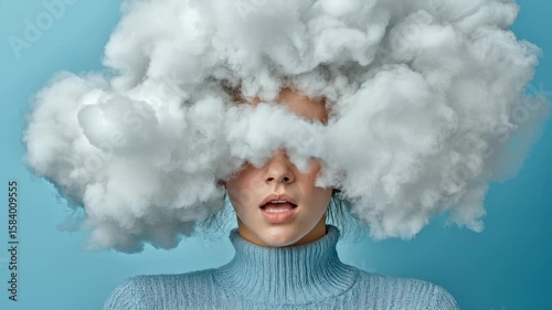 Beautiful young woman with white cloud engulfing her head. Brain fog concept