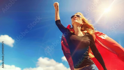 Brave superwoman flying in sky