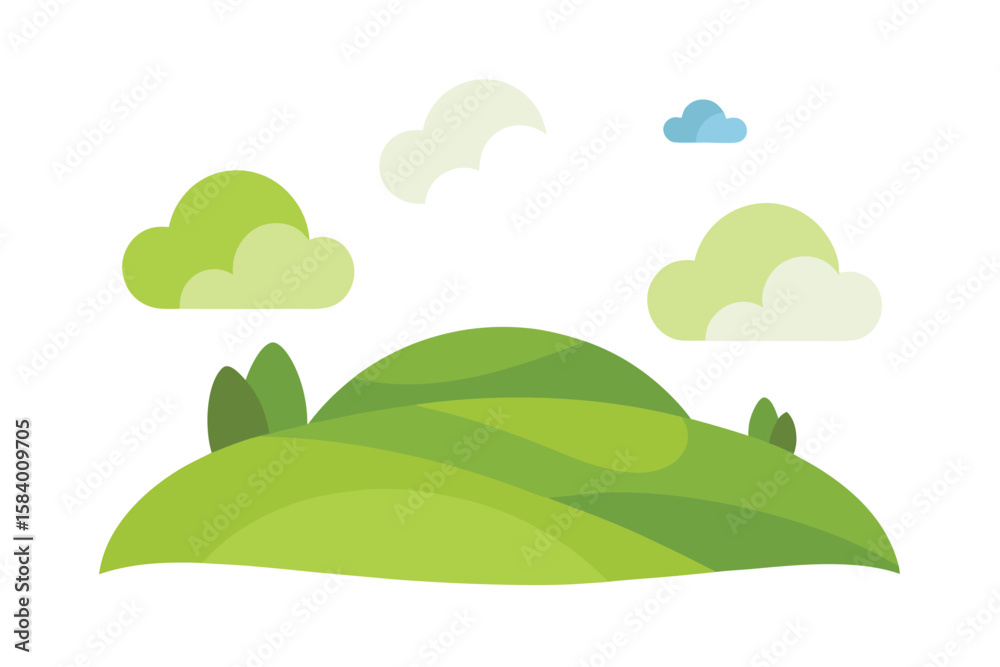 Obraz premium Flat Cartoon Scene Of Grassy Hills And Ge
