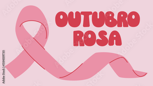 Outubro rosa pink ribbon illustration. Breast cancer awareness portuguese text vector.