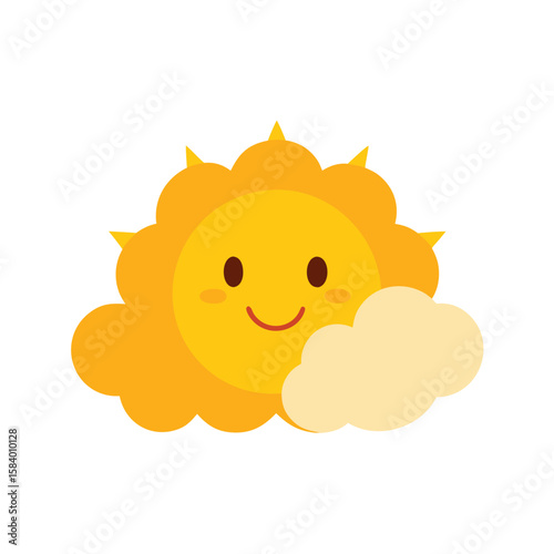 Cartoon Sun Peeking From Behind Cloud Smiling