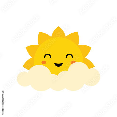 Cartoon Sun Peeking From Behind Cloud Smiling