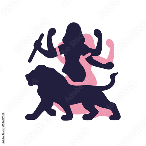 Silhouette of goddess Durga wielding weapons alongside a lion, minimalistic vector design, garnet shadow on white background, spiritual and cultural concept of empowerment.