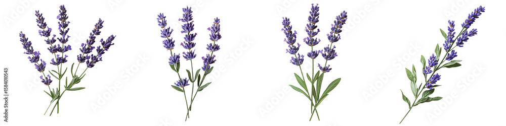 Obraz premium Lavender Sprigs Collection: Four delicate lavender sprigs, showcasing variations in fullness and height, are presented against a clean backdrop. isolated transparent background
