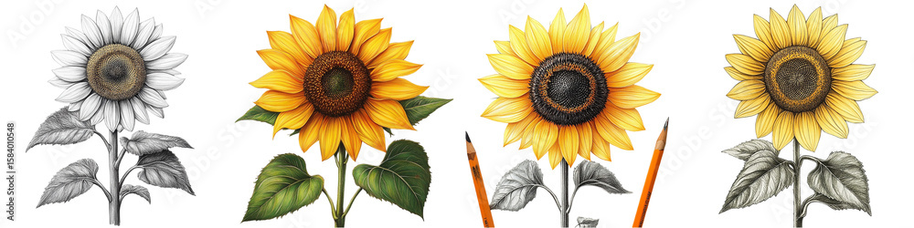 Fototapeta premium Sunflower Drawing Stages: A captivating illustration showcasing the step-by-step process of drawing a sunflower, progressing from a pencil sketch to a vibrant watercolor rendering. isolated transparen