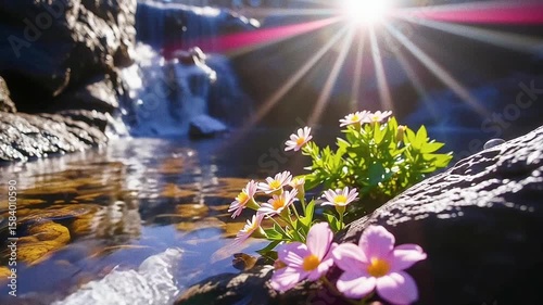 moving water with flowers on its side.Seamless 4k time lapse virtual video animation 