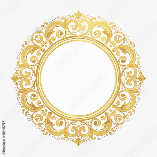 Vintage circular gold frame with ornate swirl and baroque detail on white background. Ideal for luxury, art, or antique theme design.