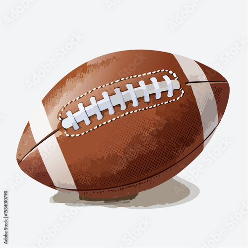 Brown American football with white lace and leather texture on white background. Realistic isolated vector for sport, game, or athletic design.