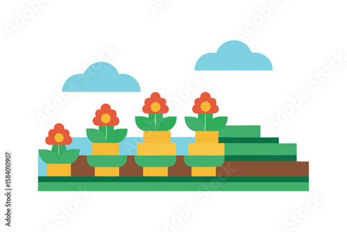 Cartoon Garden Terraces Filled With Flowers