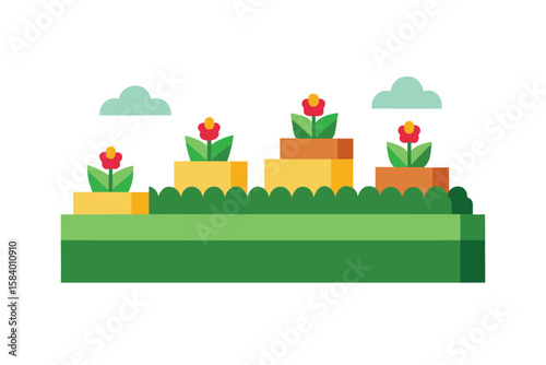 Cartoon Garden Terraces Filled With Flowers