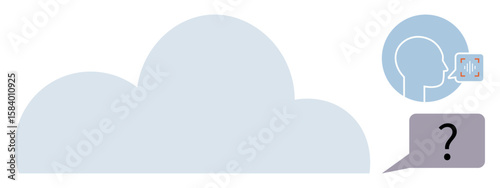 Large cloud shape, profile silhouette with sound waves, and speech bubble with question mark. Ideal for AI, cloud computing, voice tech, digital communication, machine learning, innovation
