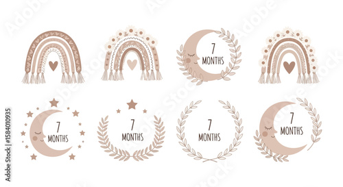 Baby Milestone Graphics: Boho Rainbows, Crescent Moons, and Laurel Wreaths for 7 Months