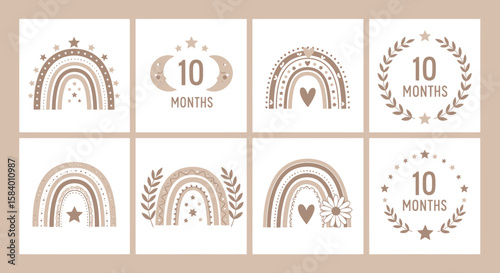 Adorable Boho-Style Baby Milestone Cards Featuring Rainbows, Stars, and Months