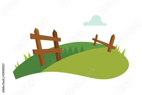 Cartoon Broken Fence Beside Grassy Path