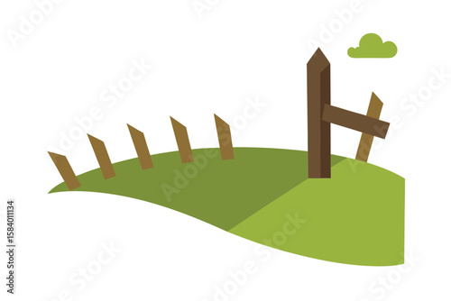 Cartoon Broken Fence Beside Grassy Path