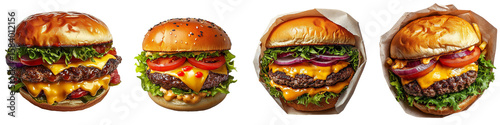 Burgers Array: An array of delectable, gourmet burgers are presented, with succulent patties, fresh toppings, and soft buns, a mouthwatering showcase of classic comfort food. isolated transparent 
