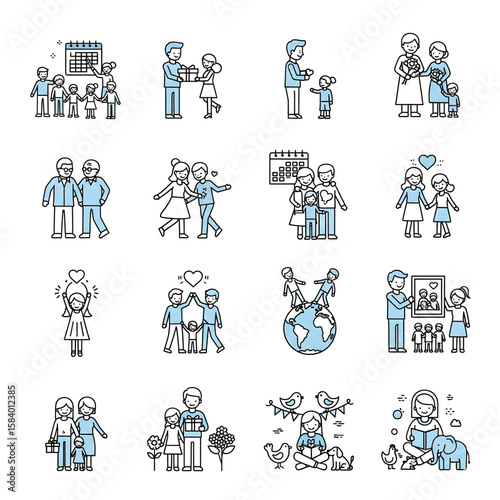 Collection of family bond and interaction line icons set