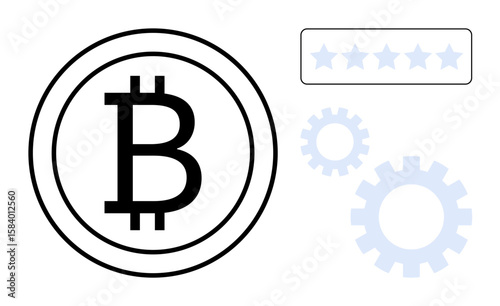 Bitcoin logo in a circle accompanied by gears and a star rating bar. Ideal for blockchain, crypto, innovation, finance, technology, reputation, systems. Simple flat metaphor